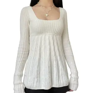 Women's Cable Knit Sweater Tops, Long Sleeve Square Neck Solid Color Loose Fit T-Shirts, Cozy & Casual Knit Sweaters for Fall & Winter