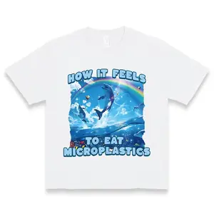 Ocean Conservation Tshirt with Dolphin Rainbow Design and Microplastics Awareness Message in Vibrant Colors