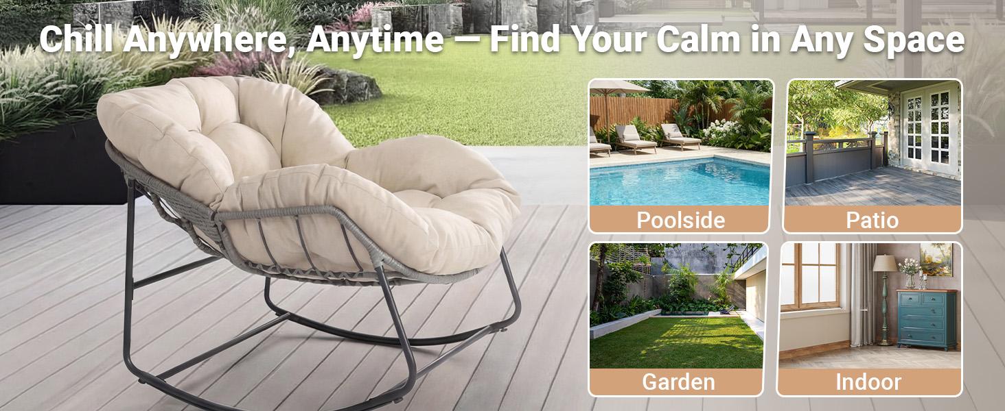 Outdoor Rocking Chair with Thick Cushion,300lbs Capacity, Indoor Egg Rocking Chair with Adjustable Backrest for Backyard, Balcony, Living Room Outdoor Rocking Chair with Thick Cushion,300lbs Capacity, Indoor Egg Rocking Chair with Adjustable Backrest for Backyard, Balcony, Living Room