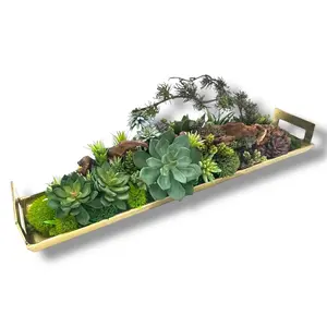 Succulent Design in Gold Long Rectangular Metal Vase | Faux Succulent and Floral Arrangement | Arranged Succulents for Table Centerpiece and Gifts
