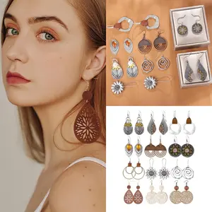 12 Pairs Bohemian Retro Geometric Round Stud Earrings - Zinc Alloy with Wooden & Accents, Ethnic Sunflower & Floral Designs for Women, Casual Attire & Parties, Vintage Style, Party Accessories, Bohemian Style, Durable Earrings
