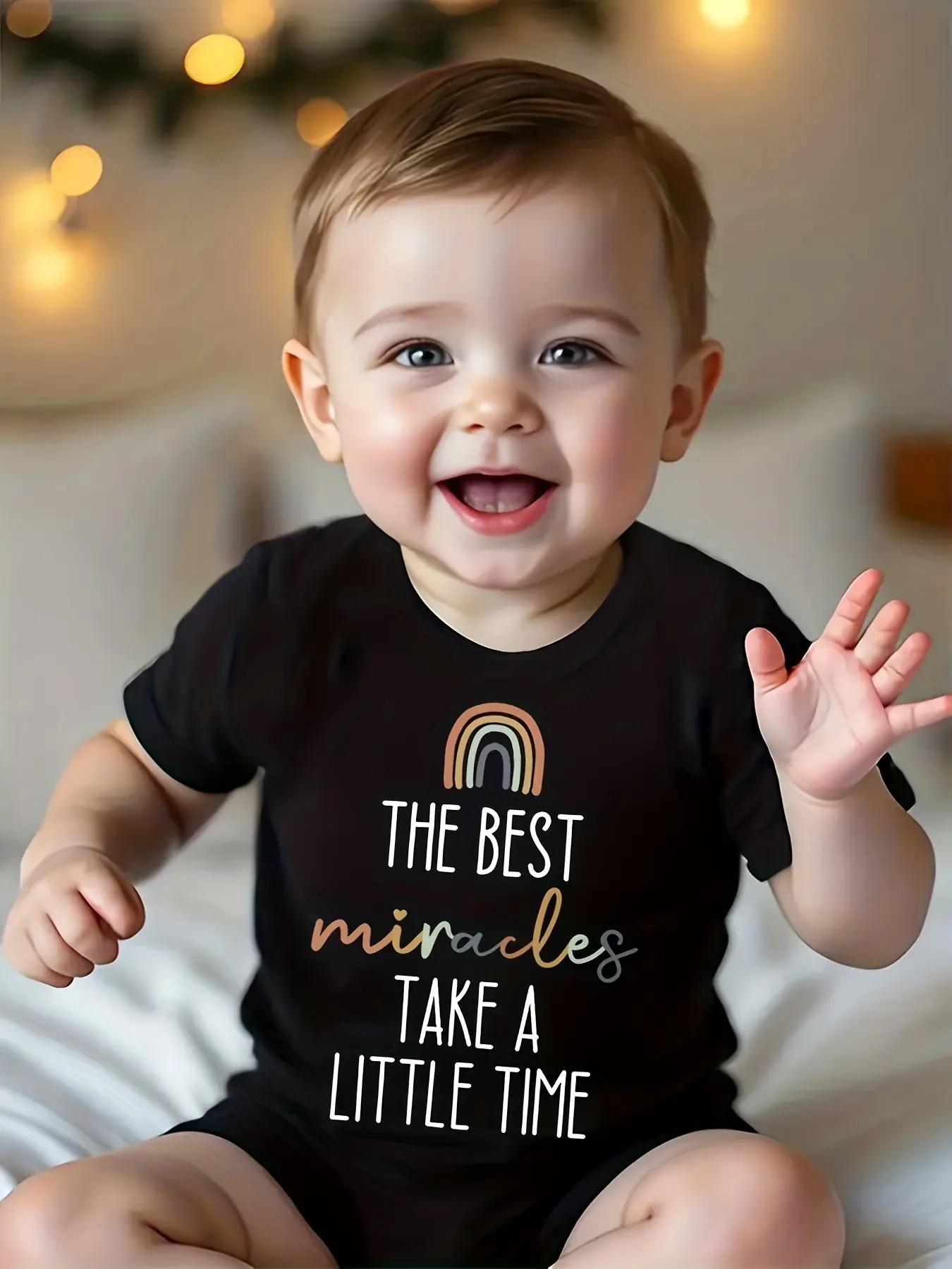 Unisex Black Baby Short Sleeve Bodysuit, The Best Miracles Take A Little Time Neutral Boho Rainbow Fertility IVF Cotton Onesie