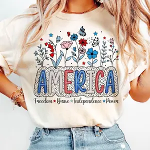 Floral America Comfort Colors Shirt, Floral Brushstroke USA T-shirt, Retro America 4th Of July Women Tee, America Girly Sweatshirt Streetwear Fashion