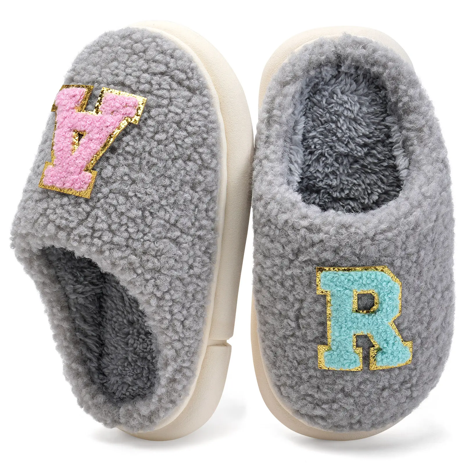 Kids Slippers for Girls Boys Plush Fleece Slip On House Slippers Customized Letters Big Kids Christmas Slippers Little Kids Non-Slip Warm Winter Home