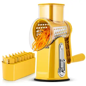 SUSTEAS Hand-Hold Rotating Vegetable Slicer Kitchen Tool - 5 Replacement Blades, BPA-Free Stainless Steel Material, Yellow Cooking Utensil Rotary Cheese Grater Rotary Cheese Shredder