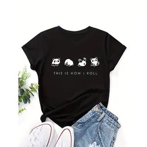 Plus Size Casual T-shirt, Women's Plus Cartoon Panda & Slogan Print Short Sleeve Round Neck Slight Stretch T-shirt
