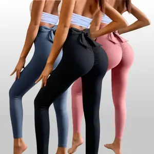 Valentine's Day 3-pack women's high waisted yoga leggings with bow tie straps, featuring a sexy and stretchy upper body effect. Available in all seasons with solid color hip lifting pants, suitable for yoga, fitness, and other outdoor activities
