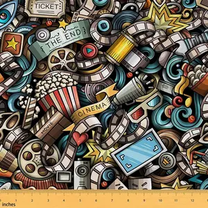 Hipster Fabric by The Yard,Cinema Items Combined Upholstery Fabric,Abstract Popcorn Movie Reel Art Style Outdoor Fabric,Waterproof,1 Yard,Black