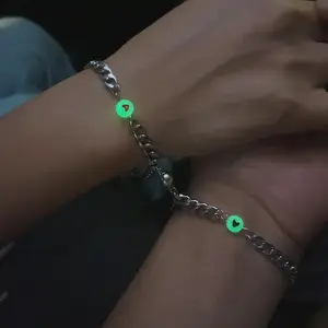 Glow-in-the-dark Magnetic Couple Bracelet Set Stainless Steel 2 Pieces Valentine's Day Jewelry Gift for Him & Her with Heart Charms