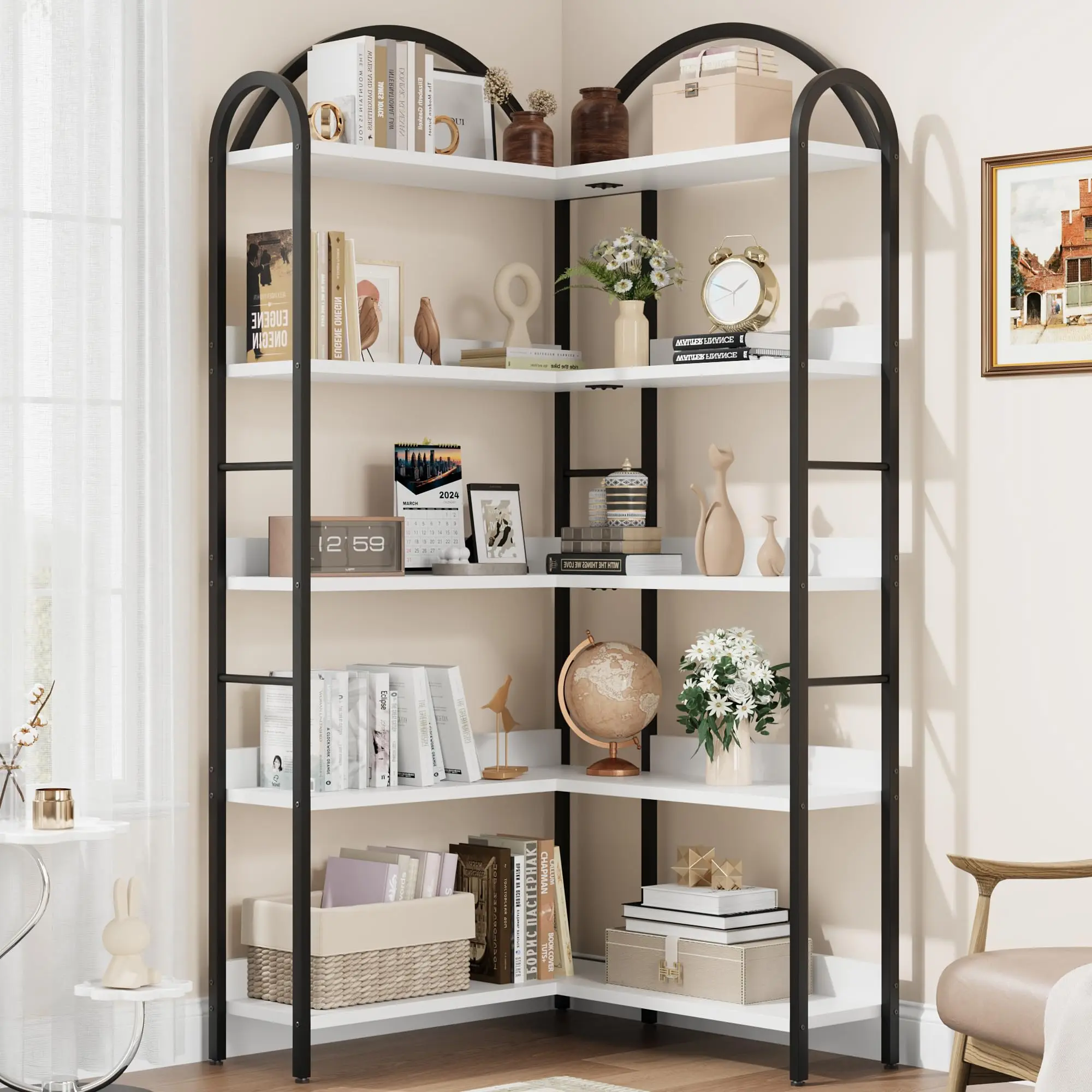 【GARVEE】Corner Bookshelf Industrial Bookcase, L Shaped Arched 5 Tier Corner Shelf with Metal Frame, Large Etagere Shelf for Living Room and Bedroom Display