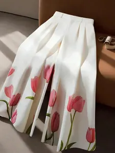 European and American Style Summer Tulip Print Wide Leg Pants, High Waist Loose Fit Slimming Casual Vacation Wide Leg Pants, Beach Vacation