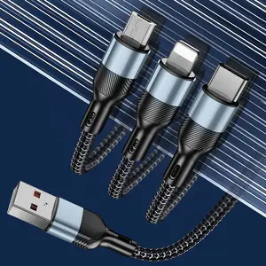 Three-in-One Fast Charging Cable, supports simultaneous charging for multiple devices, USB to Type-C + Lightning + Micro, 65W intelligent fast charging, compatible with Apple/Android/Cellphone/TYPE-C interface devices, suitable for office/home/vehicle use