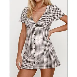 Women's Plaid Print Button Decor V Neck Dress, Casual Fashion Short Sleeve Dress for Daily Outdoor Wear, Ladies Clothes for All Seasons, Womenswear