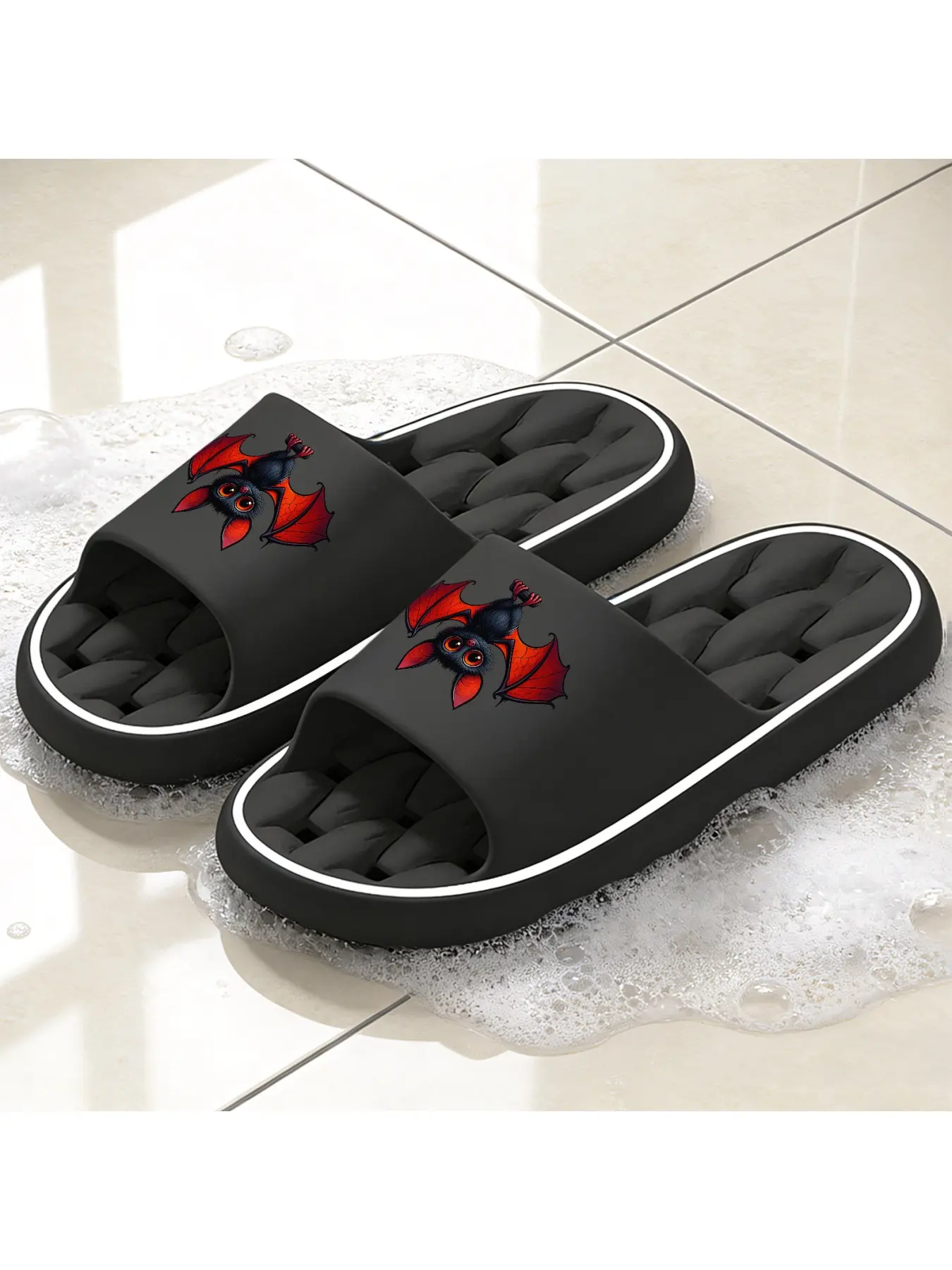 Halloween Themed Red Wing Bat Print Hollow Out Slippers Lightweight Soft Sole Non-slip Bathroom Slippers Bath Shoes Breathable Open Toe Slides For Indoor Outdoor Wear Unisex Funny Casual Beach Vacation Slippers Women'