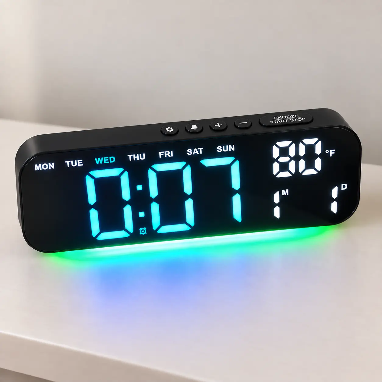 TIMESS 10" Plastic Modern LED Digital Alarm Clock - Large Screen, Big Digits, RGB Base Glow, USB&Battery Power, Date-Week-Temperature Display, 2 Alarm Presets, Countdown Timer, Room Accessory, Cool Room Gadgets for Bedroom