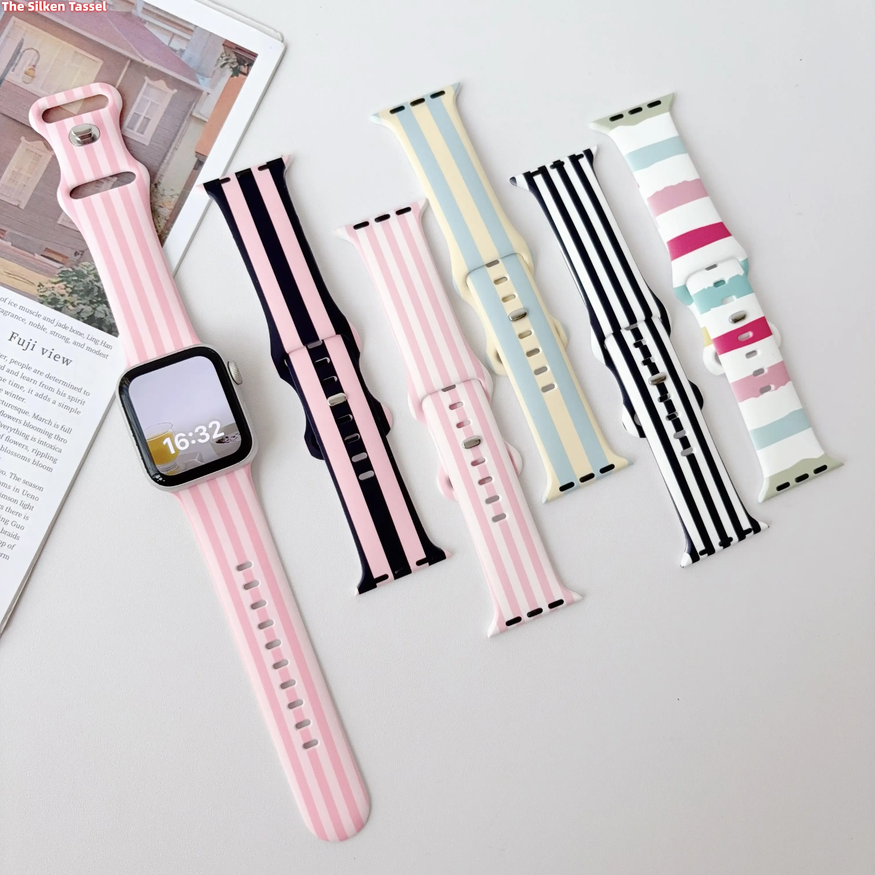Colorful Striped Watch Straps - Soft, Adjustable, Fashionable Wearable Accessory (Pink and Black, Blue and White) for Smartwatch Series 1-11 (No Device) DIY Bag Accessories (TikTok Shop Back to School)