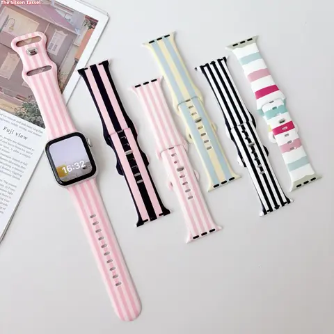 Striped Watch Straps - Soft, Adjustable, Fashionable Accessory with Unique Look (Pink & Black, Blue & White) for Smartwatch Series 1-11, DIY Bag Accessory, Playful Sports Wristbands (No Device, TikTok Shop Back to School)