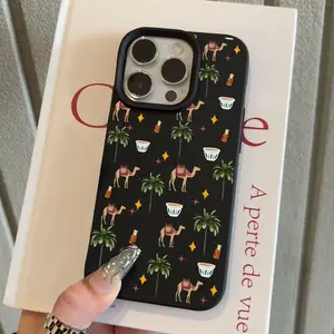 Vintage brown camel palm tree pattern, black durable shockproof protective case with high aesthetic value, suitable for iPhone 17/16/15/14/13P/12/11/X/XS/XSMAX, a gift for friends, family, and yourself