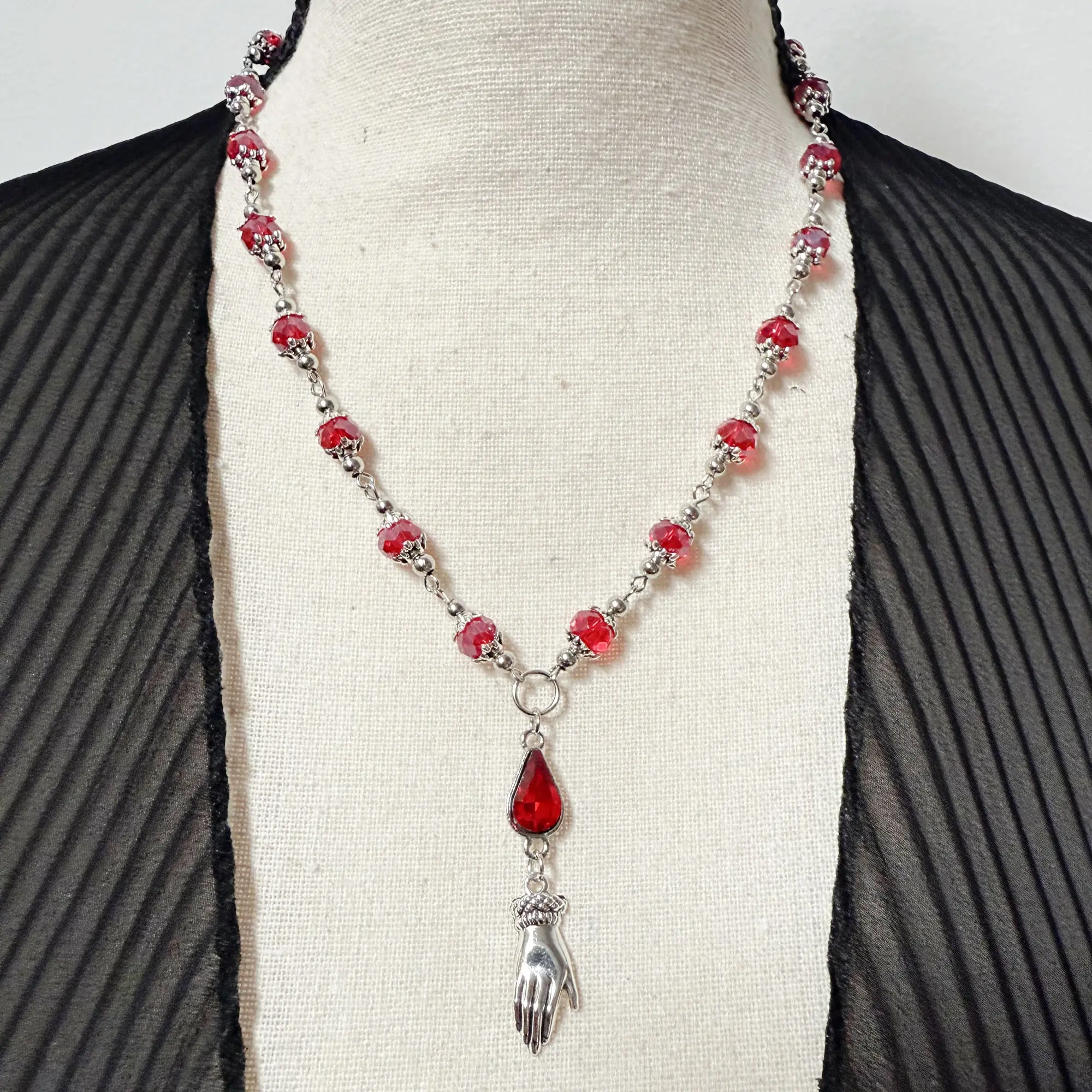 Women's Blood Red Tear Shaped Sanguine Bead Necklace - 19" Long Metal Coating Customizable Goth Jewelry, Spooky Vampire Evening Wear Accessory with Black Paper Jewelry Box