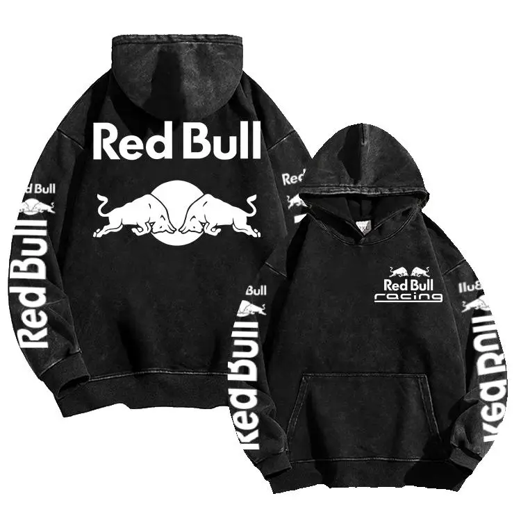 Retro Black White Racing Redbull Racing Sport Racing Retro Acid Washed Hoodie Motor World Champion Enthusiast Apparel Streetwear Racing Team Super Motorsports Clothing Motobike Riders Supermotor Off-Road Dirt Bike Fan Gear Cotton For Motor Fan