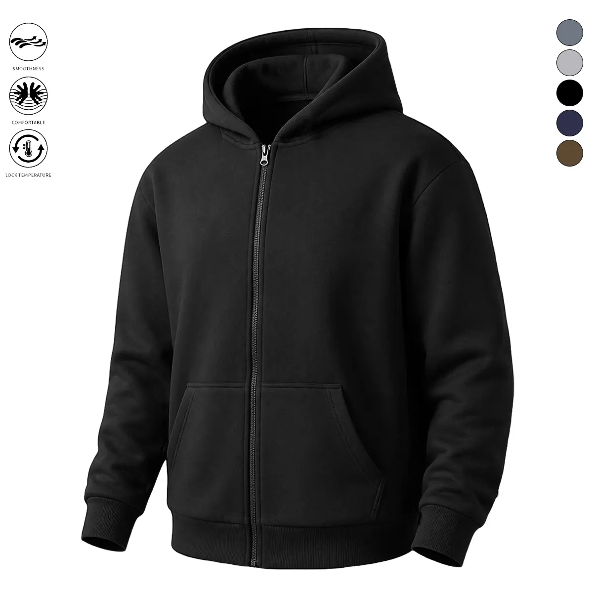 Men'S Casual Zip-Up Hoodie with Fleece Lining - Black Long Sleeve Jacket for  Fall & Winter, Comfortable Pullover with Front Pockets, Casual Wear Hoodie | Classic Zipup | Sleek Design, Essential Hoodie