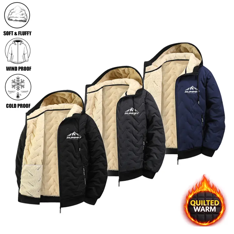 2026 Men's New Fashion Hooded and Velvet Jacket with Long Sleeve, Fleece Inner Lining, Waterproof and Windproof, Unique Texture, Zipper, Essential Solid Color Coat for Autumn and Winter, Daily Leisure, Outdoor Casual Menswear