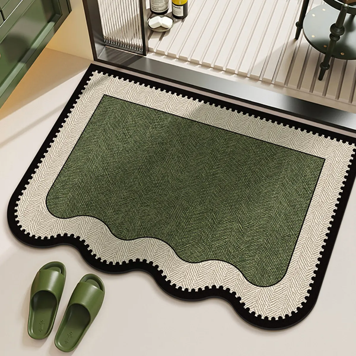 Quick-absorbing bathroom mat. The surface material quickly absorbs water and dries quickly. The bottom material is anti-slip, durable and easy to clean. Suitable for bathrooms, door mats and bathroom carpets.