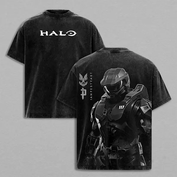 Halo Double Printed Oversize Lightweight Acid Washed Tee | Master Chief Vintage Gaming Graphic T-Shirt for Men | Casual Retro Streetwear Cotton Top Heavyweight Gamer Apparel Gift v1