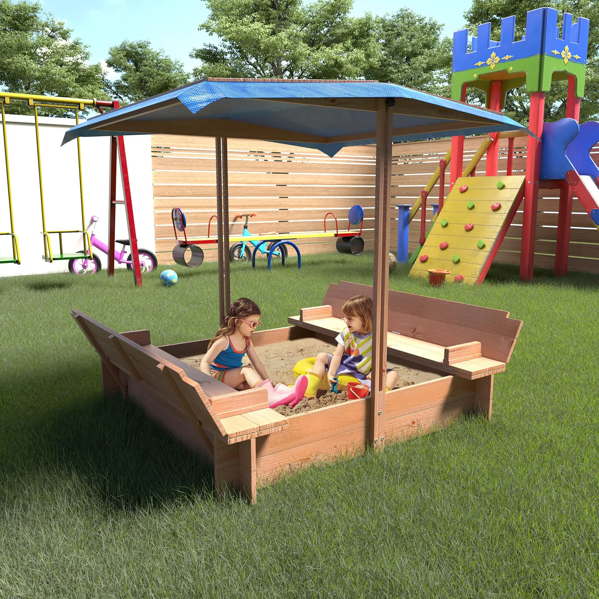 GARVEE Wooden Outdoor Sandbox with Adjustable Canopy and Cover, Featuring 2 Foldable Bench Seats and Height-Adjustable Roof, Perfect for Backyard Play and Relaxation