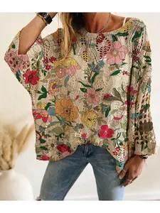 Spring/Summer style, boat neck with diamond cutout, batwing drop shoulder, loose fit, Baggy, long-sleeve women's knitted top with contrast color floral print, Vacation style, casual for daily commute, Can be used as a ladies vest cover-up or bikini cov