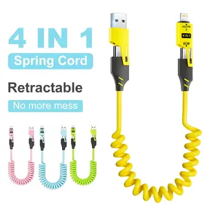 2pcs Set 65w Four-In-One Spring Stretch Retractable Charging Cable, Dual USB PD to Type-C iOS Ports, Portable Car Phone Data Line, Travel-Friendly, No More Mess