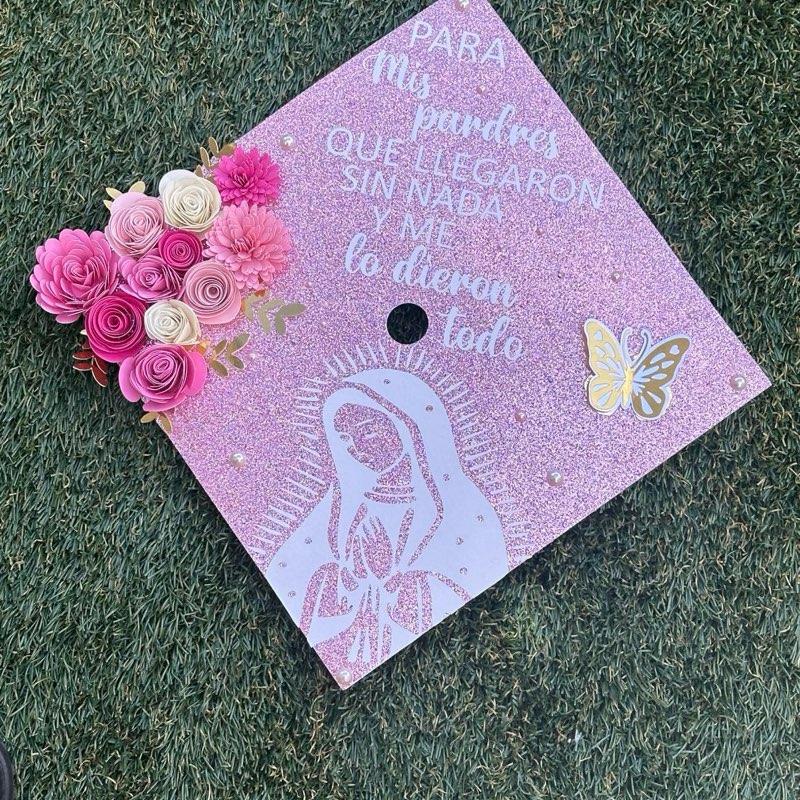 Graduation Cap toppers, glitter base, paper flower