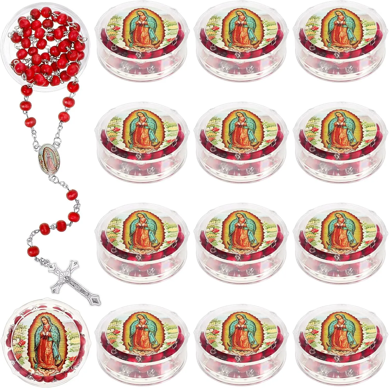 Virgen De Guadalupe Scented Rosary Necklace - 24 Pcs with Boxed Saint Jude Rosary Beads for Funeral Baptism, First Communion, Holy, Red & Holy