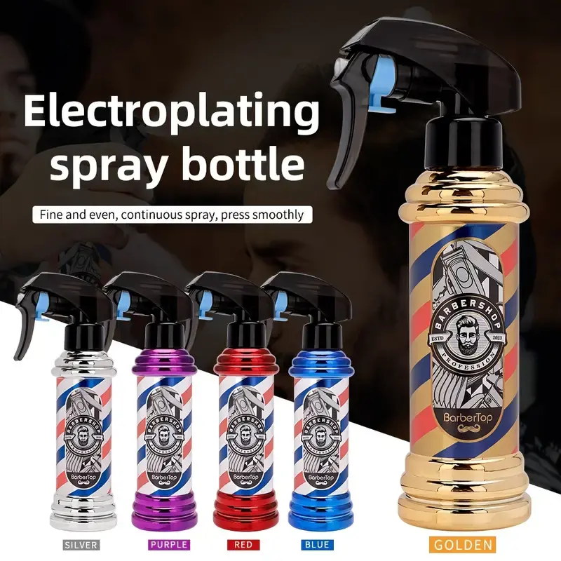 Barbershop Electroplating Hair Spray Bottle - 300ml Large Capacity, Adjustable Volume (Fine to Strong Mist), Even Moisture Spray, Portable for On-the-Go Care, Works for Styling, Care & Setting, Styles Any Hair, Portable Bottle For On-The-Go Care