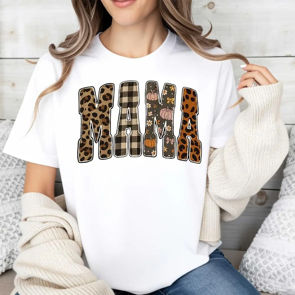 Leopard Plaid Pumpkin Floral MAMA Print, Raglan Long-Sleeved T-Shirt, Fall Autumn Thanksgiving Mom Gift, Casual Daily Wear