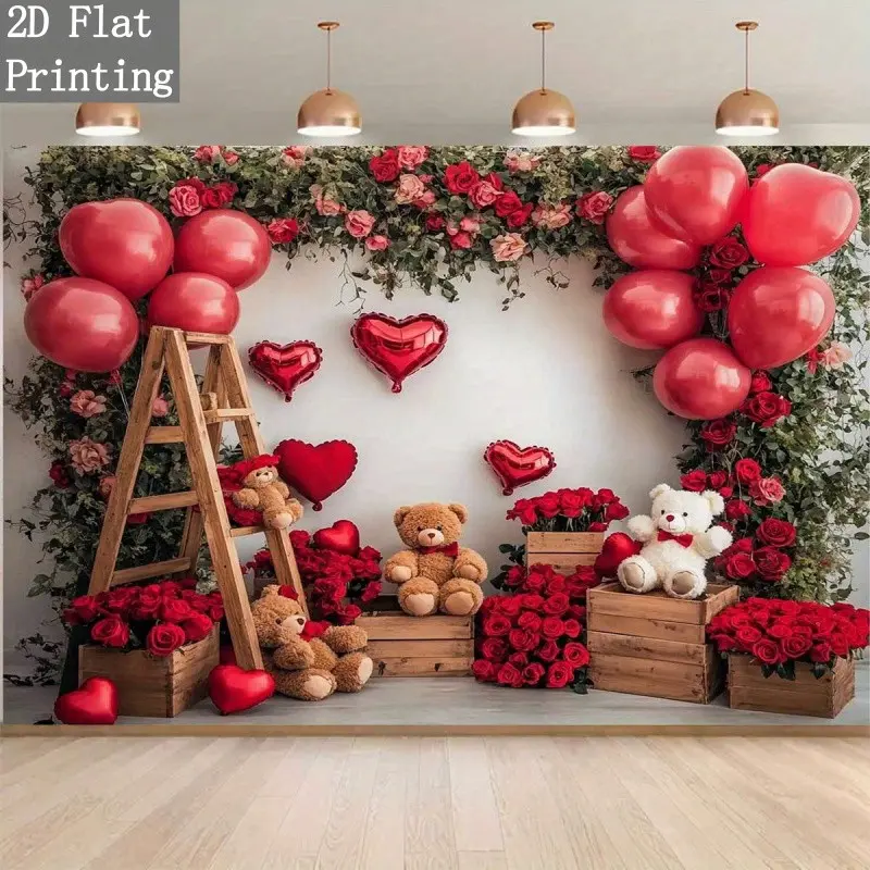 Romantic Valentine's Day Photography Backdrop, Rose & Heart Balloon Teddy Bear, Durable Fabric, Birthday Party, Studio Shooting