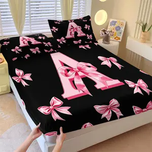 3Pcs Coquette Pink Bow Initial A Fitted Sheet Set No Fillers, Girly Monogram Ribbon Bow Bed Sheet Set, Cute Aesthetic Bedding Set with 2 Pillowcases, Deep Pocket Bedding for Teen Girls Bedroom Decor, Great Birthday Gift for Trendy Girls