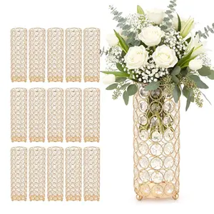 VEVOR 16 PCS Crystal Wedding Flower Vase, 10.24 in Tall Flower Table Centerpieces, Crystal Cylinder Banquet Vases Easy Installation, Versatile Arrangement Stand for Party Events Room Home Decor, Gold