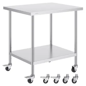 Stainless Steel Work Table 30 X 36 X 38 Inches With Four Wheels, Three Adjustable Height Levels, Heavy Duty Food Prep Station For Commercial Kitchen, Restaurant, Bakery, Catering, NSF Approved Surface, Easy Clean, Silver
