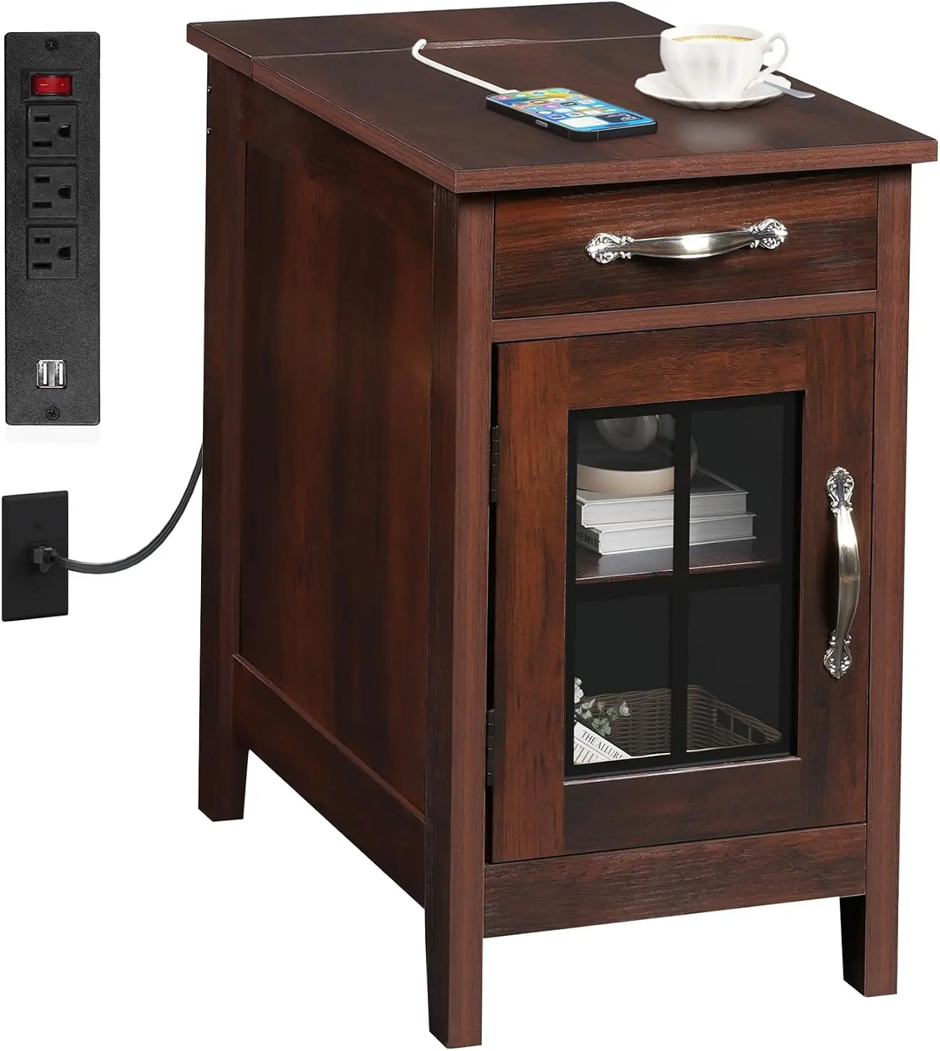 WLIVE End Table with Charging Station, Narrow Nightstand for Living Room, Farmhouse Night Stand with Storage, Small Wooden Cabinet Side Table with USB Ports and Outlets