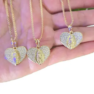 Necklaces Mini Virgencita de Guadalupe in Heart Shape Gold-Tone Jewelry with Sparkling Details