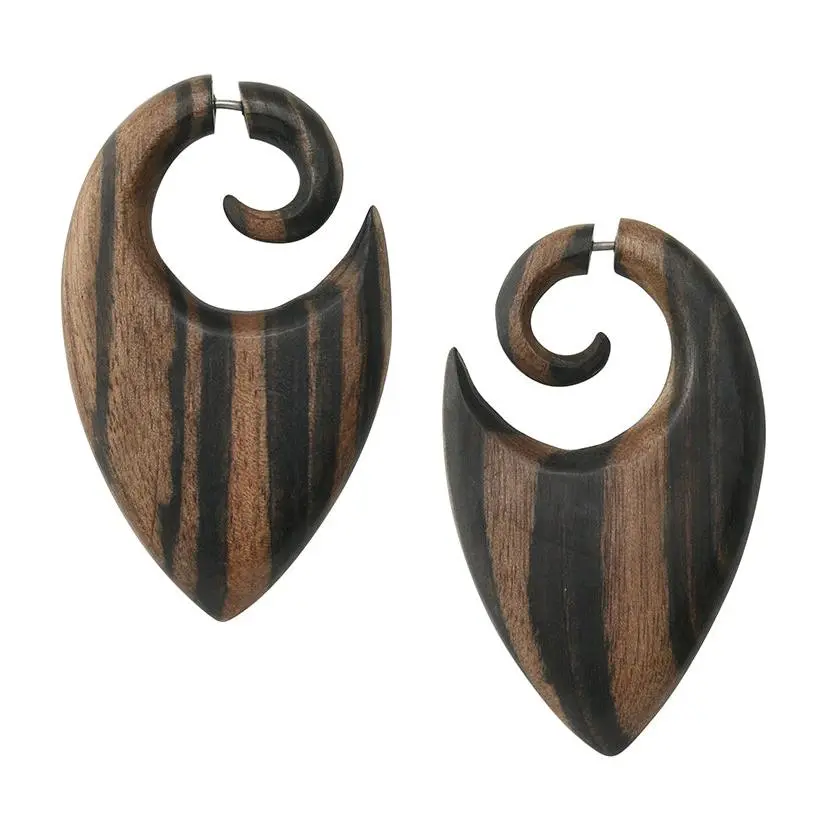 Shield Areng Wood Fake Gauge Spiral Earrings