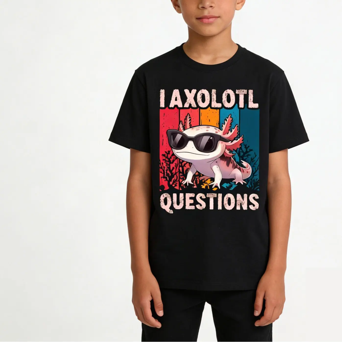 Boys' Cotton Graphic Tee Shirt - Kid-Friendly, Character-Themed, Cute "I Axolotl Questions" Amphibian Print, Breathable Comfortable Youth Top, Graphic Boys' T-Shirts, Kid-Friendly Boys' T-Shirts