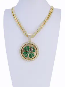 14K gold-plated iced-out Cuban chain pendant necklace, featuring a rotating dollar sign, four-leaf clover, and lucky 777 design, inlaid with CZ stones, and personalized diamond details. Unisex sparkling jewelry, perfect couple's jewelry