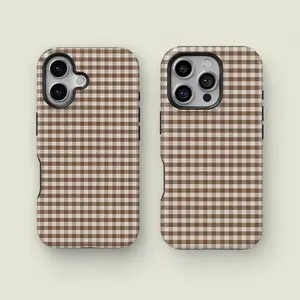 Brown Gingham Phone Case for iPhone 17 16 15 14 13 Pro Max, Samsung Galaxy S25 S24, Neutral Checkered Case, Retro Aesthetic Minimalist Cover gift for her men's cool gadgets iphone 17 pro max cases girls