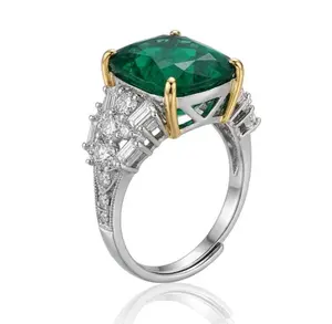 DearYesterday Vintage Cushion Emerald Green Ring, Adjustable Two-Tone Art Deco Baguette CZ Statement Cocktail Jewelry Gift for Women