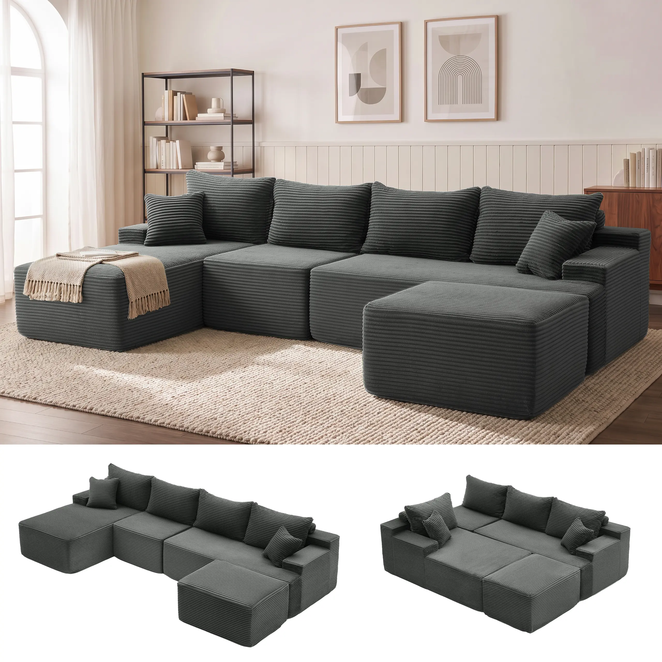 【2 packages shipping】Cloud Sectional Couch, Boneless Sofa for Living Room, Modular Sectional Sofa with Deep Seat, Fluffy Comfy Couch with L-Shaped Chaise, No Assembly Required