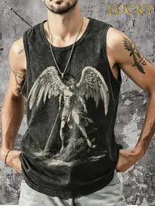 American retro washed vintage religious/classical art style angel (Archangel Saint Michael) image pattern vest, dark style American retro hand-held sword Archangel power sense outfit