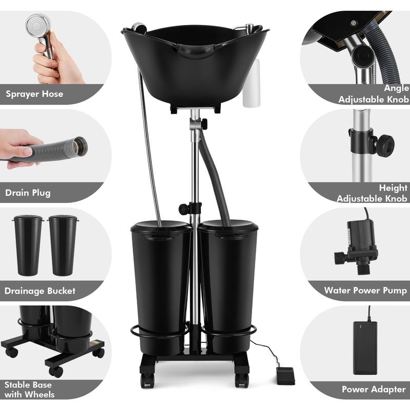 Portable Adjustable Shampoo Bowl with Electric Pump Hair Washing Station Includes 2 Buckets Drain Hoses High-Pressure Sprayer Foot Pedal Switch