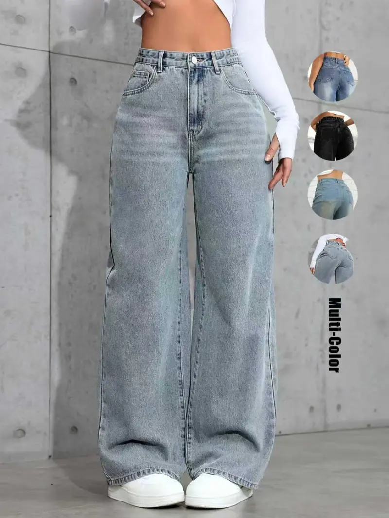 Women's New Fashion Wide Leg Pants Comfortable High Waist Slimming Washed Denim Long Jeans, Elegant Style, All Seasons Wear